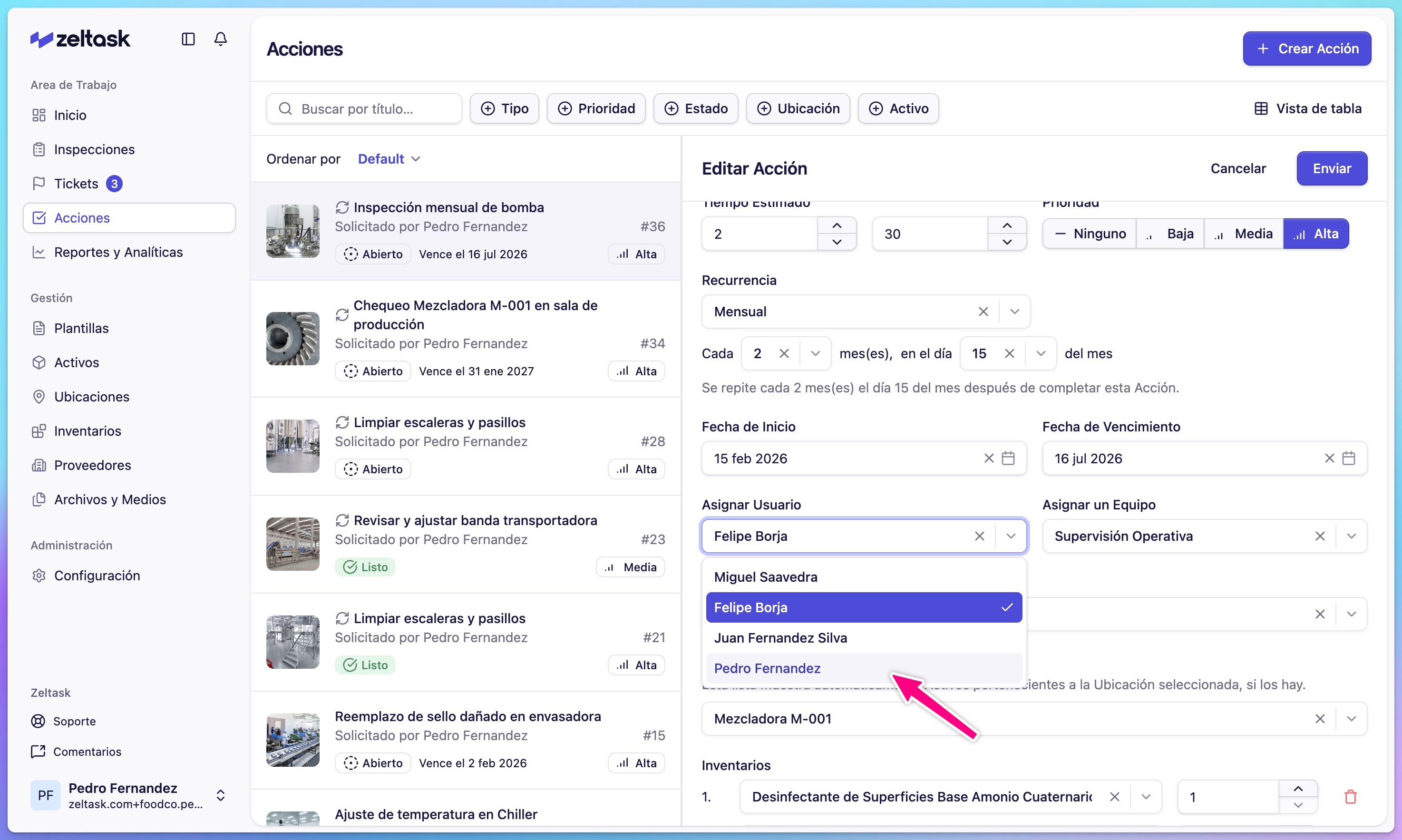 Click Assigned To dropdown and select a different user